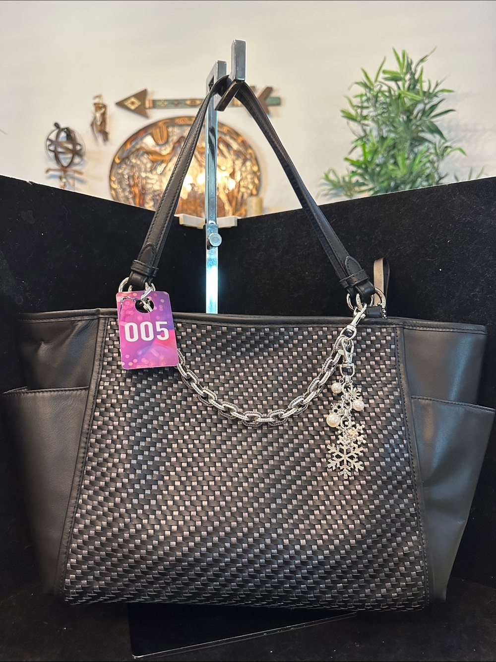 Coach # 005 Park Black  Woven Tote Bag with Silver Chain Charm
